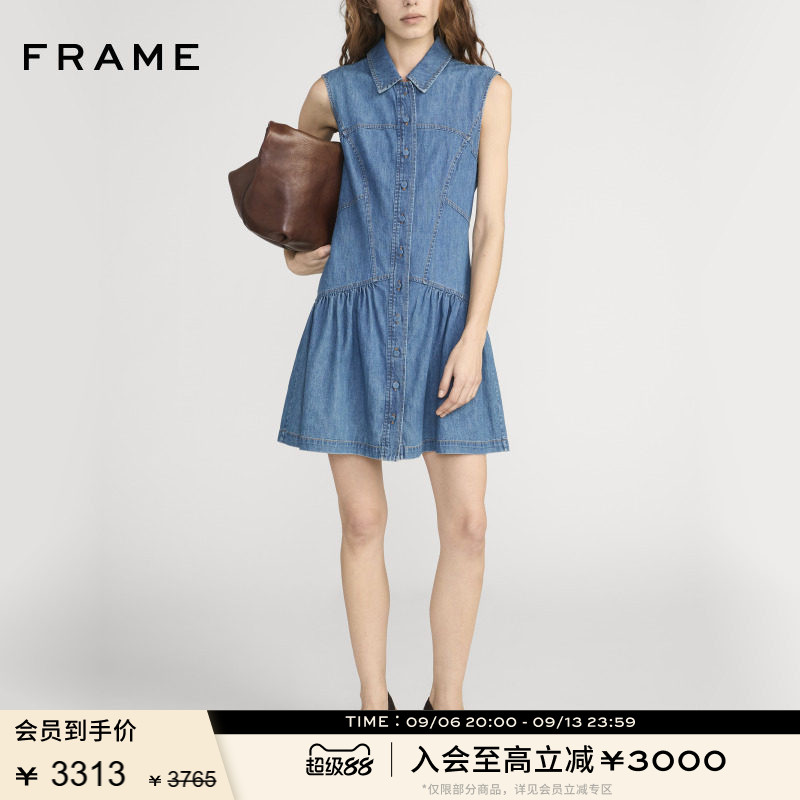 【春夏新品】FRAME女士无袖翻领简约牛仔褶皱短款时尚连衣裙图片