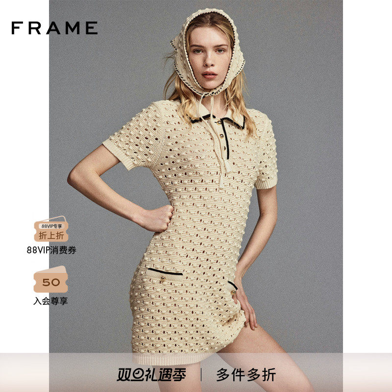 【2025新款】FRAME女士小香风钩织镂空短袖翻领POLO裙连衣裙