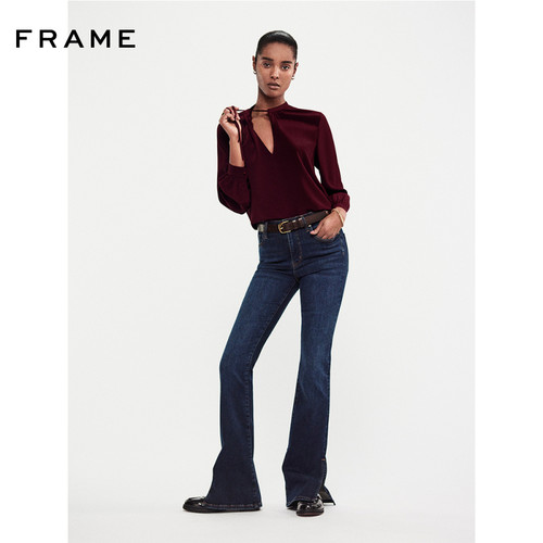 FRAME女士蓝色开叉水洗喇叭牛仔裤长裤法式复古