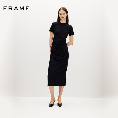 【春夏新品】FRAME女士简约通勤休闲短袖收腰褶皱长款连衣裙