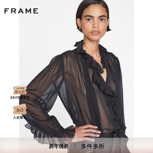 领口飘带褶边上衣 衬衫 FRAME女士法式 桑蚕丝领结长袖