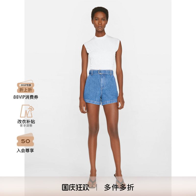 FRAME女士蓝色A字复古时尚高腰系带牛仔短裤美式