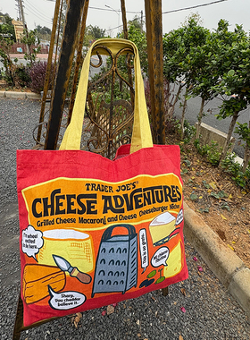 美国Trader Joe's制自缺德舅新款纯棉芝士图案印花红色休闲购物袋