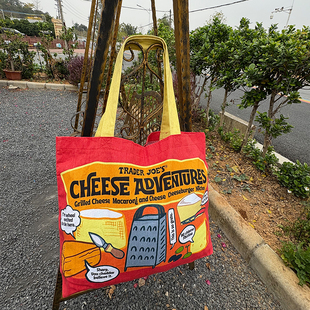 美国Trader Joe's制自缺德舅新款纯棉芝士图案印花红色休闲购物袋