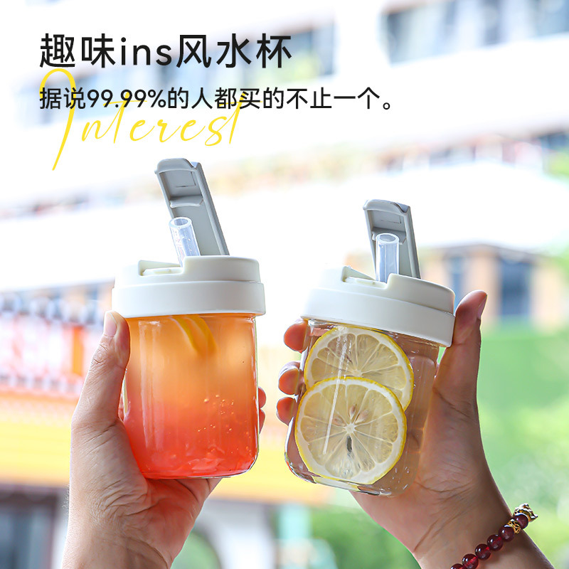 定制可爱带顿顿杯女学生儿童一盖双饮水杯吸管直饮玻璃杯