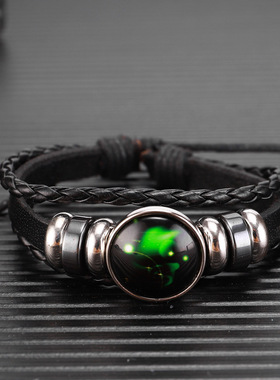 十二星座手链饰品欧美热款玻璃升级多层编织夜光朋克牛皮星空简约