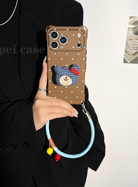 格纹熊支架~mate60挂绳手机壳四角带孔17Promax适用苹果iPhone16plus华为pura80pro斜挎70新款手提可背小米15