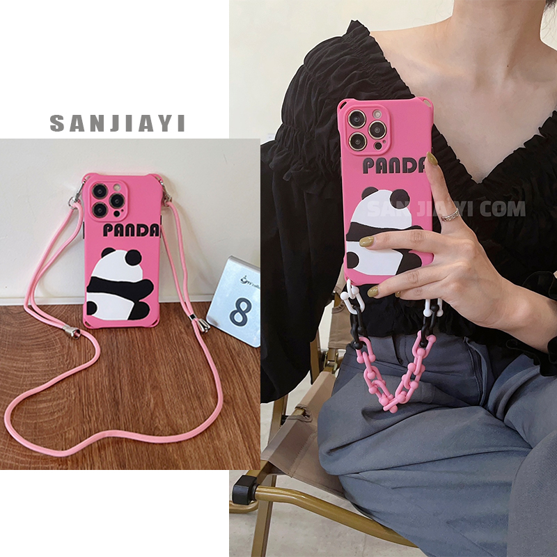可爱熊猫苹果手机壳手腕链条斜挎