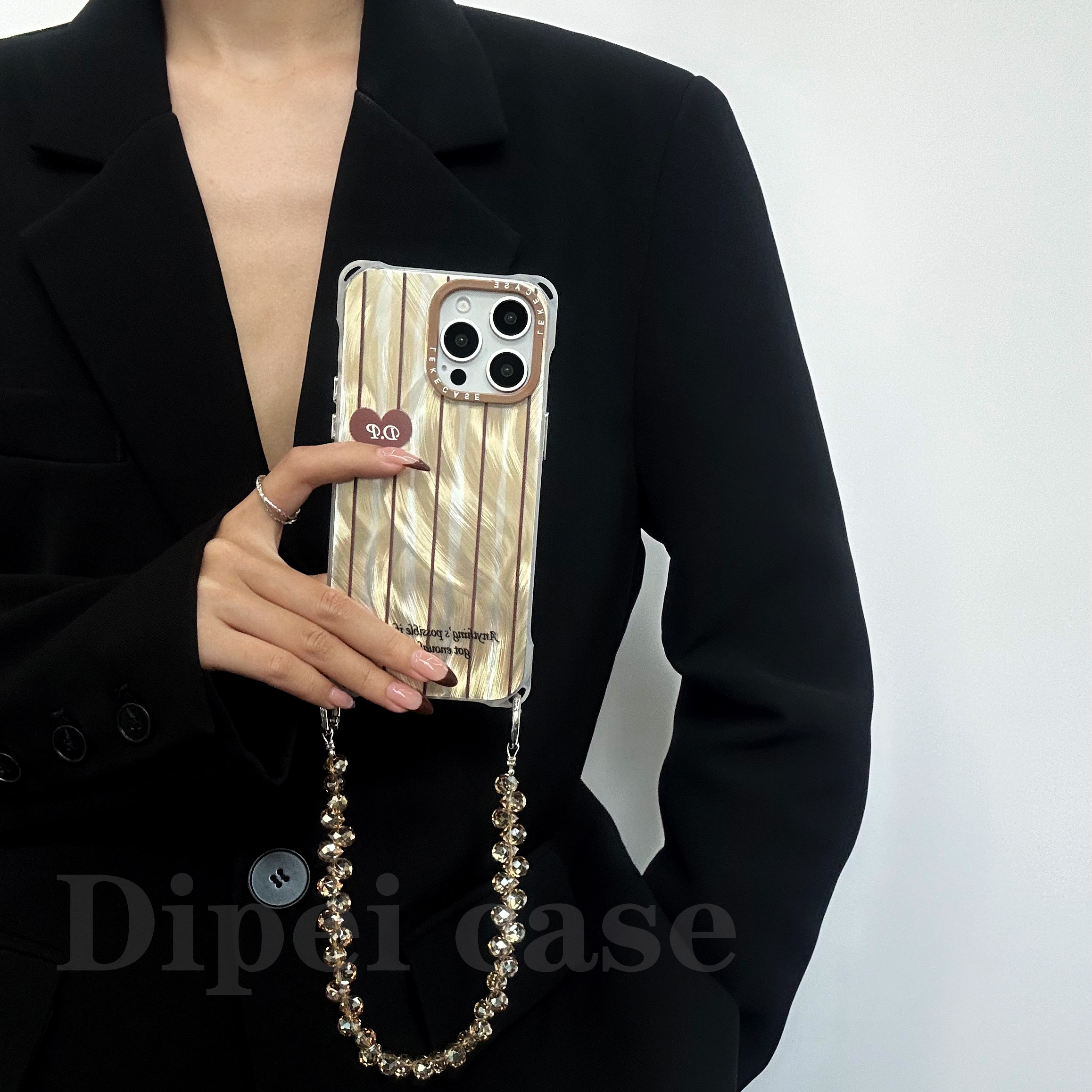 大牌风条纹~17promax适用苹果16四角开孔手机壳链条斜挎挂