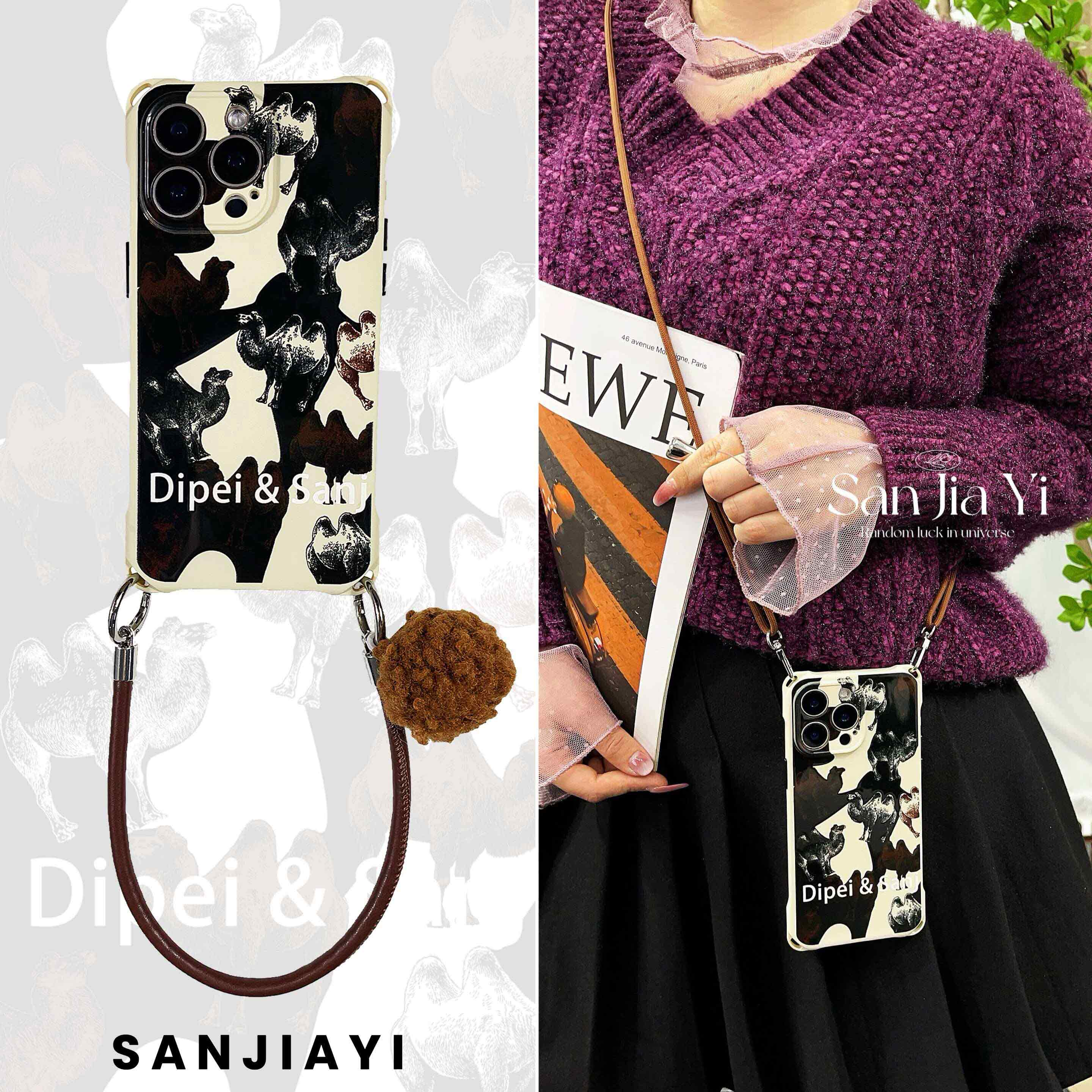 黑底骆驼mate70pro挂绳iphone手机壳四角开孔可斜挎适用华为小米15/14苹果16Promax防摔荣耀Magic7新款nova13