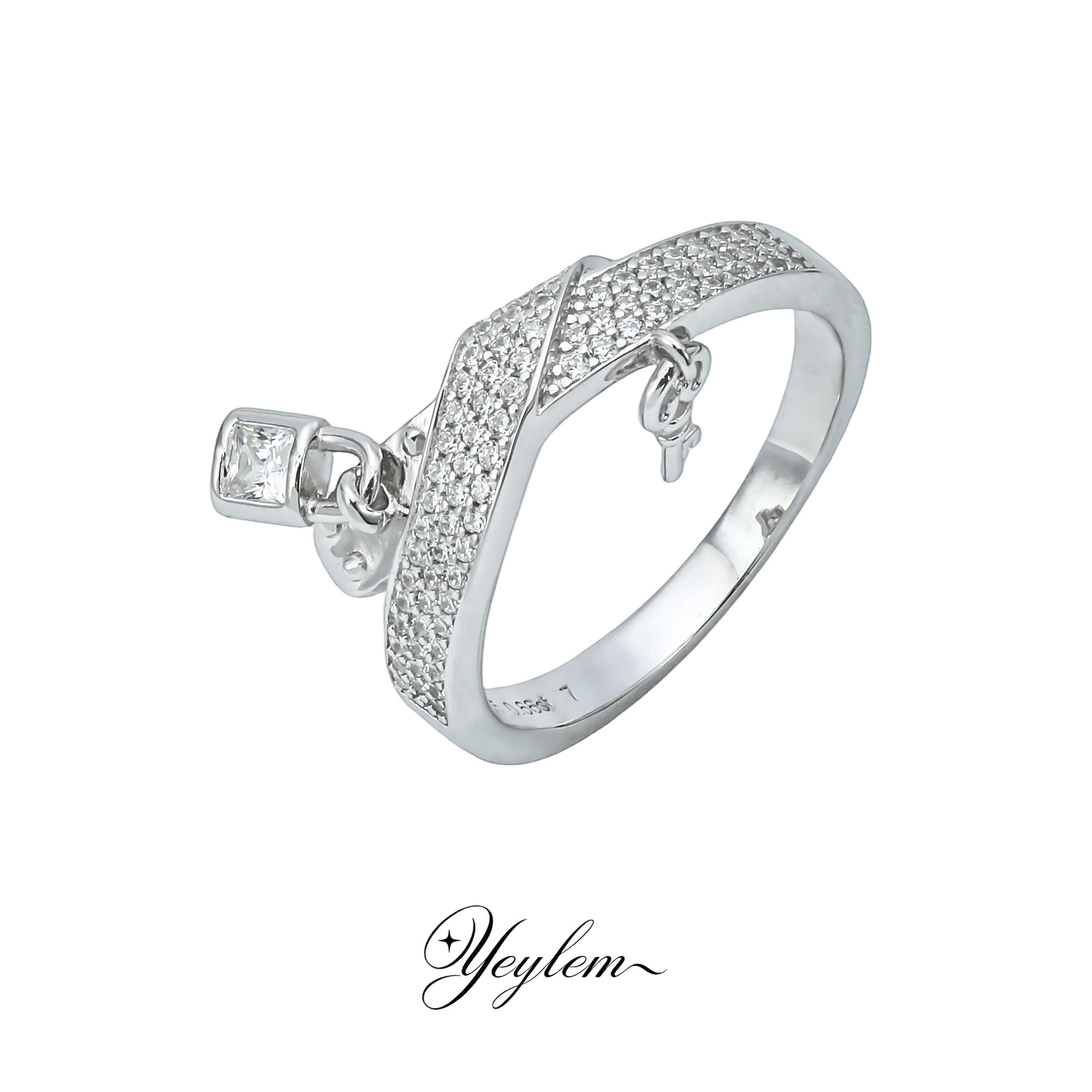 yeylem|解锁偏爱·锁头&钥匙满钻甜酷辣妹风925银镀金戒指 秋新品