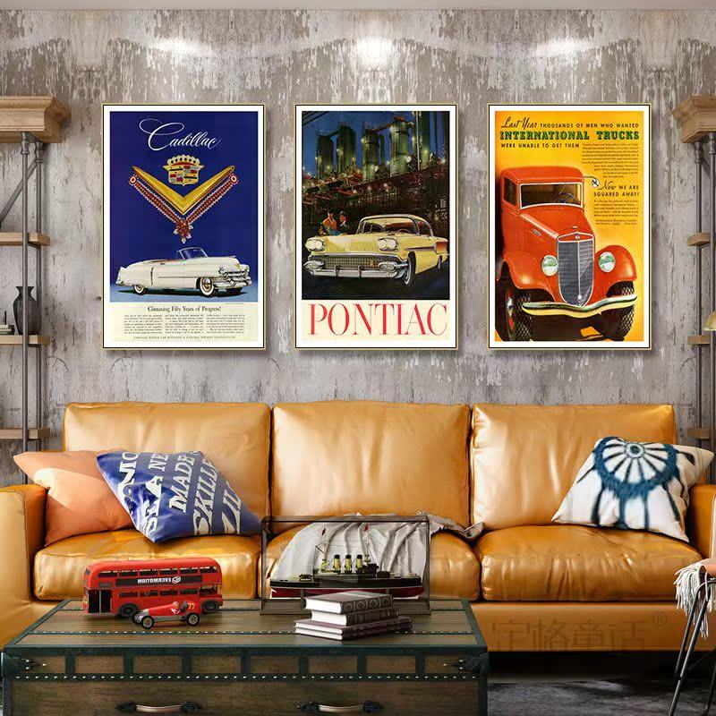 复古汽车挂画美式海报机车跑车法拉利怀旧装饰画酒吧车行墙面壁画