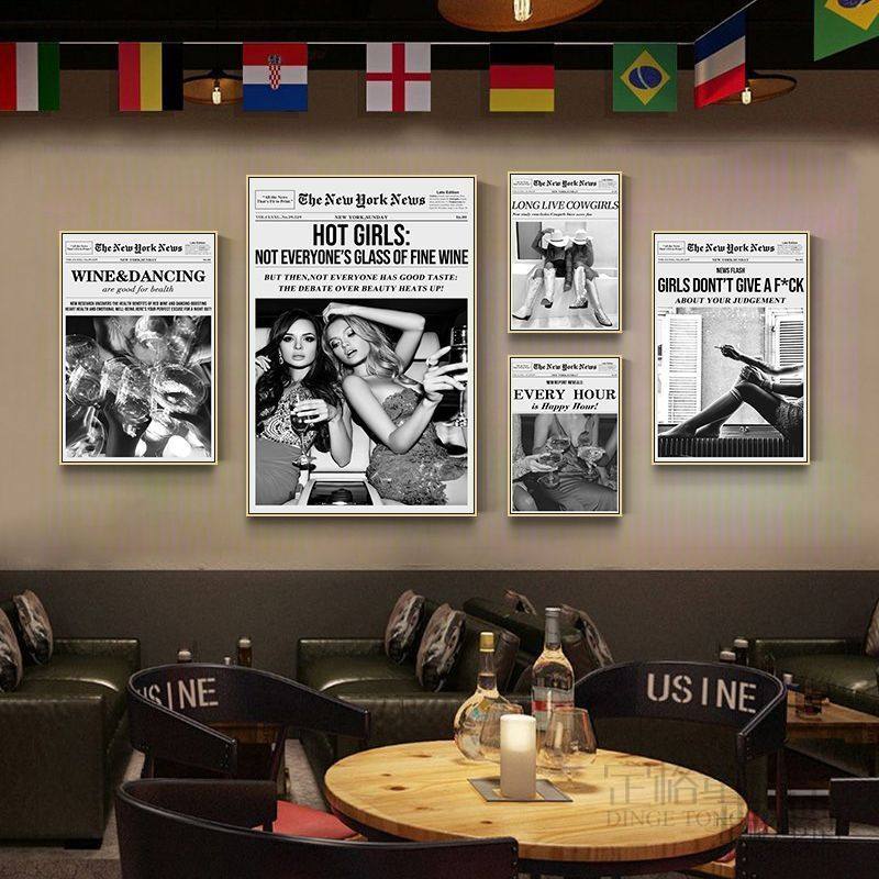 酒吧装饰画复古欧美式怀旧报纸小酒馆工业风挂画西餐厅烧烤店海报