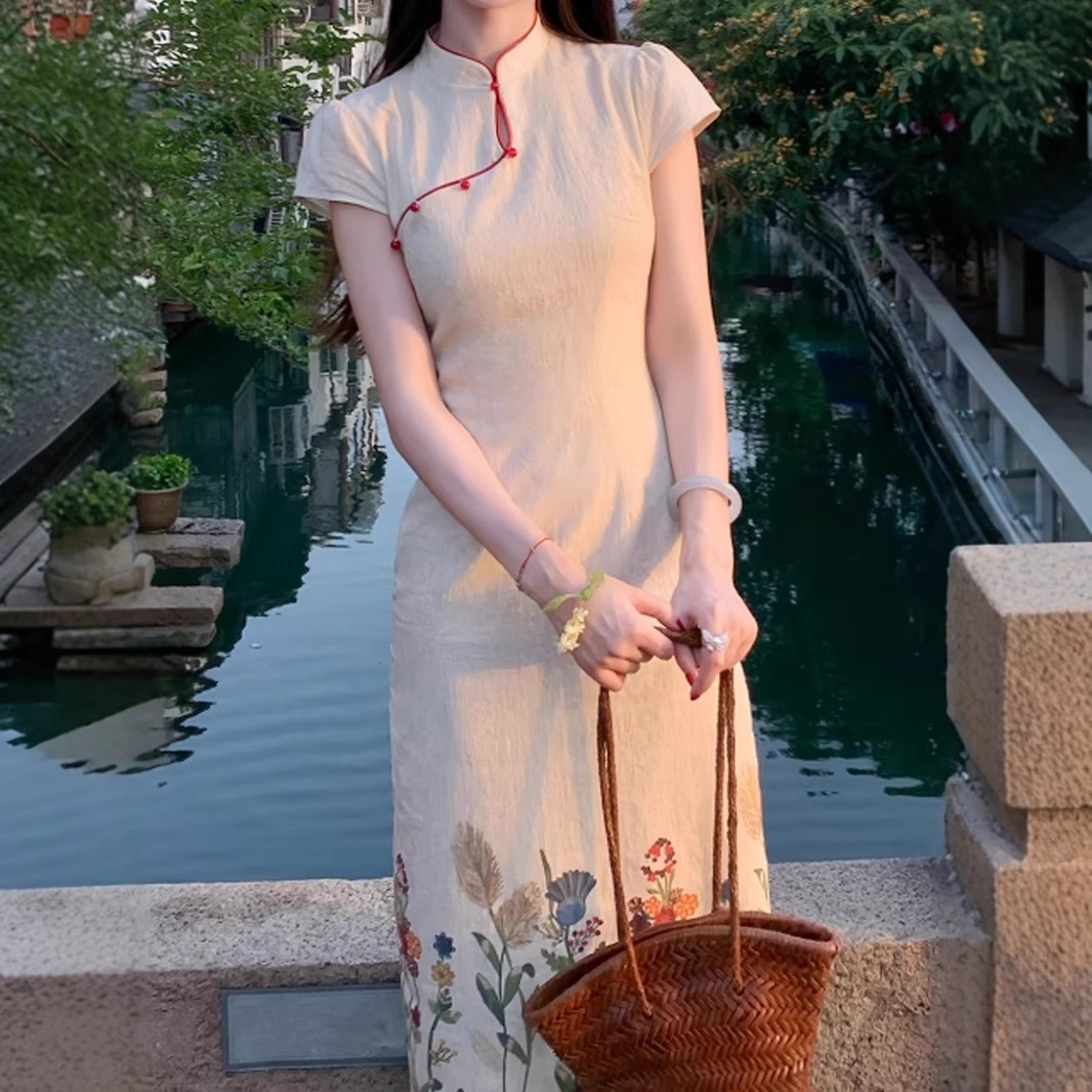 夏安若【花禧】新中式碎花撞色改良旗袍女春夏国风收腰连衣裙