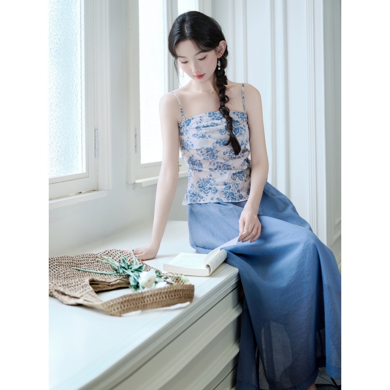 夏安若新中式女装中国风青花瓷抹胸吊带独特漂亮上衣配蓝色半身裙