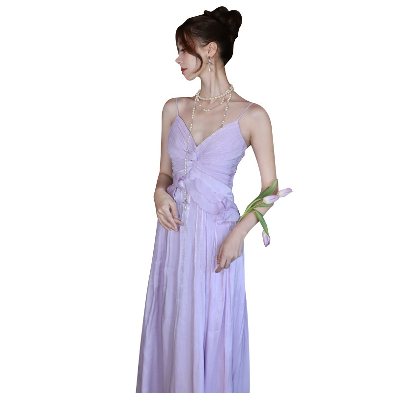 夏安若夏季法式V领吊带连衣裙女紫色收腰显瘦小众设计感海边度假