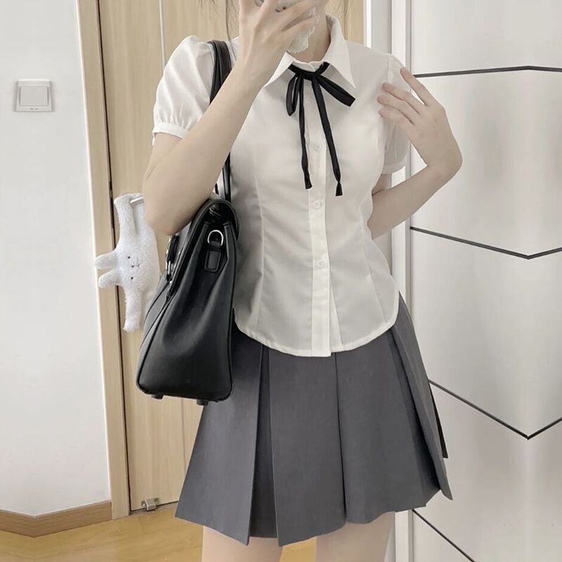 夏安若JK制服泡泡袖收腰衬衫女辣妹白衬衣纯欲学院风小众设计感