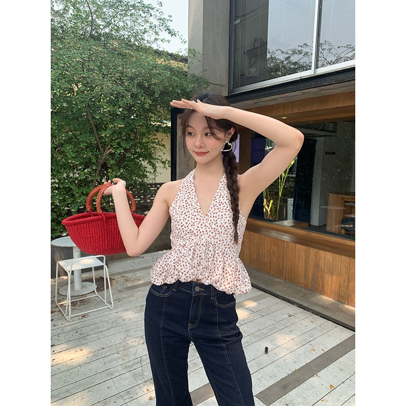 夏安若诠释美 NEWOPEN 25年夏甜辣风碎花v领背心挂脖收腰外穿吊带