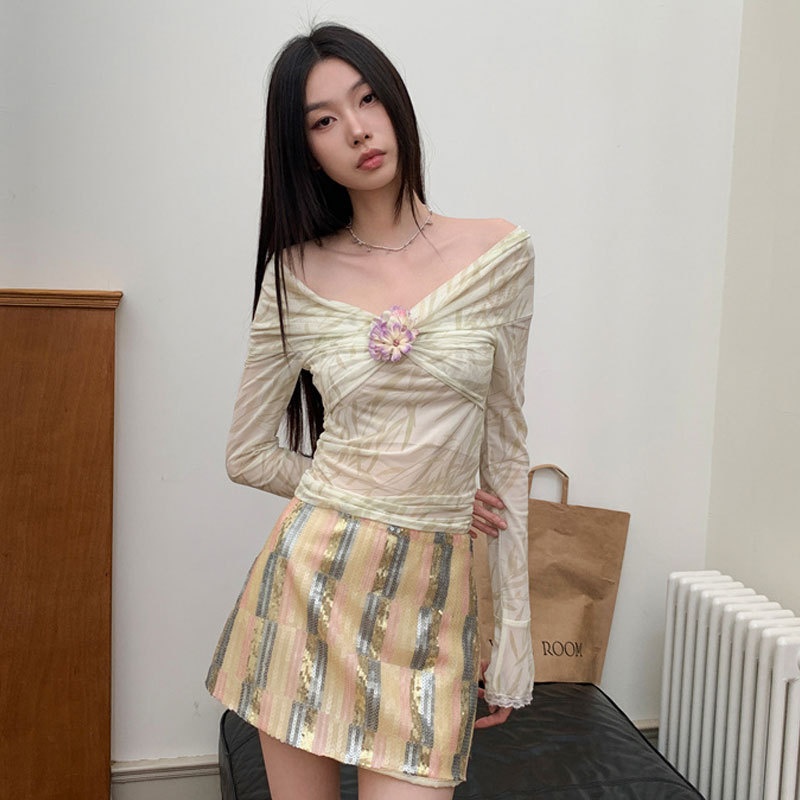 夏安若网纱t恤女设计感小众柳条印花一字领纽结褶皱长袖辣妹修身