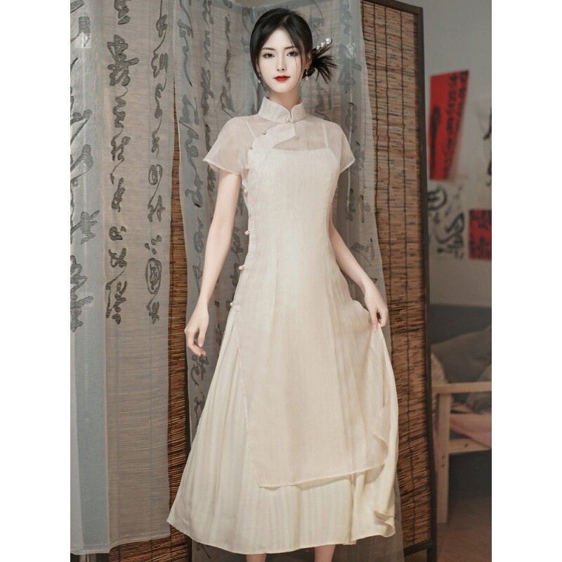 夏安若实拍新中式改良版旗袍套装女夏季连衣裙吊带外搭罩衫两件套