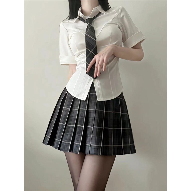夏安若夏季纯白衬衫jk制服收腰修身女日系学院风短袖白衬衣小众