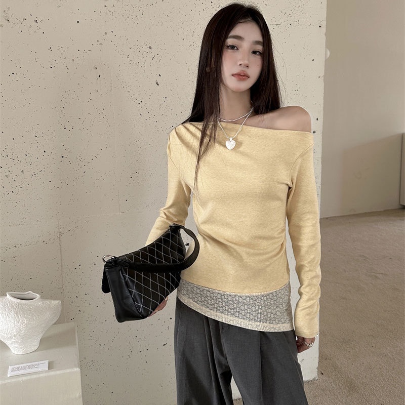 夏安若t恤女设计感小众蕾丝拼接不对称露肩荡领长袖修身显瘦辣妹