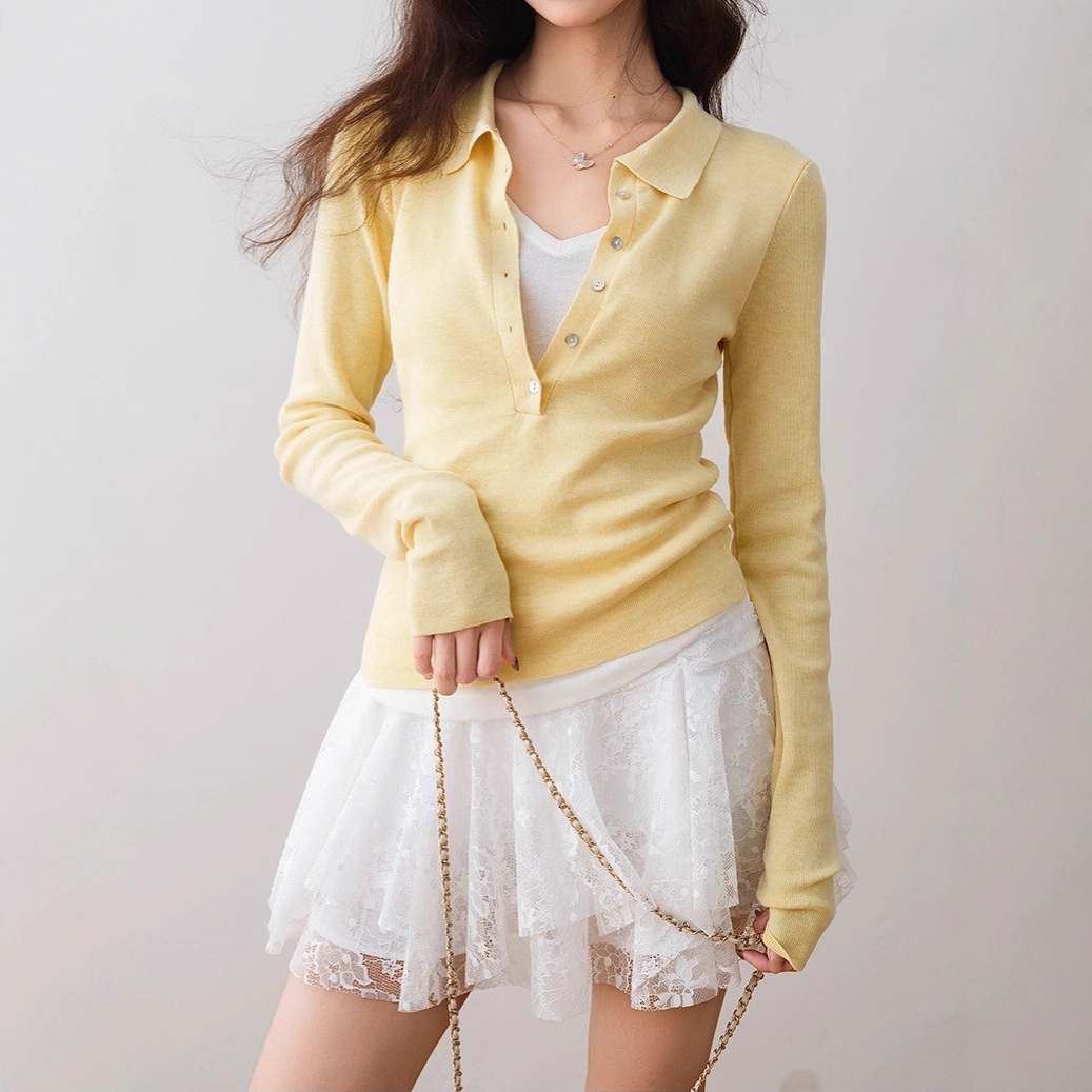 夏安若ron撞色假两件气质针织衫2025秋季新款休闲Polo领修身上衣