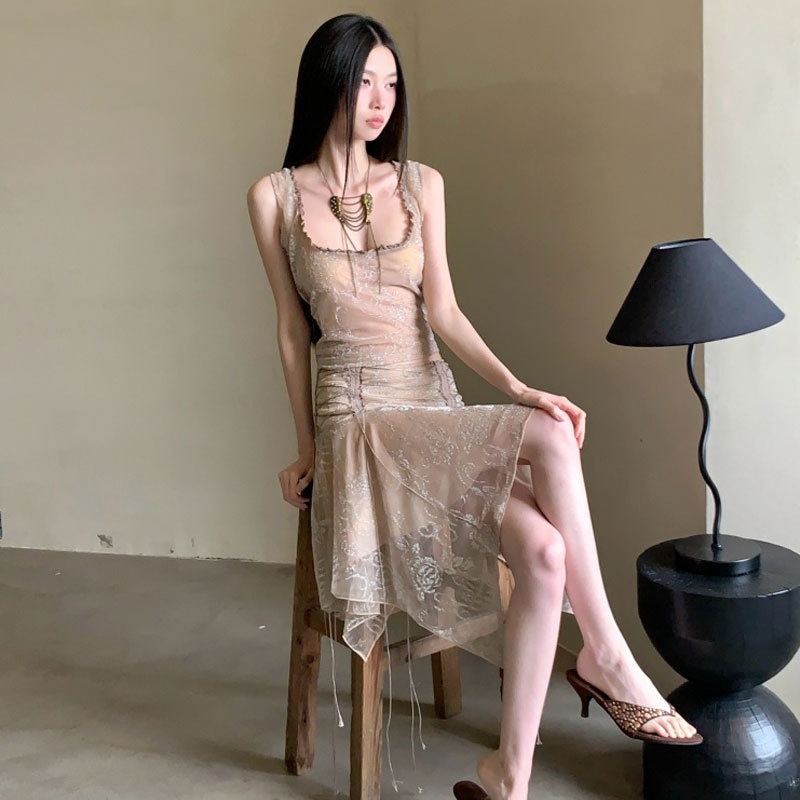 夏安若连衣裙套装女夏设计感小众网纱背心不规则高腰中长款半身裙