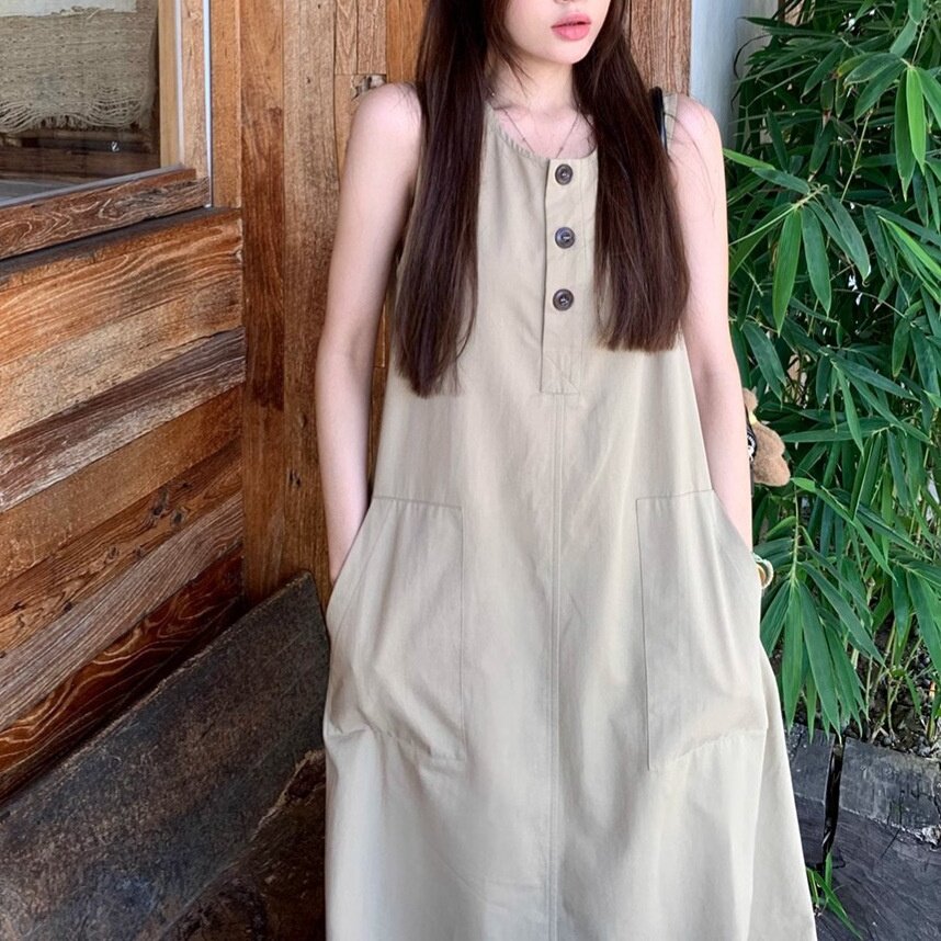 夏安若韩版宽松简单大方卡其色无袖背心连衣裙女夏季慵懒显瘦工装