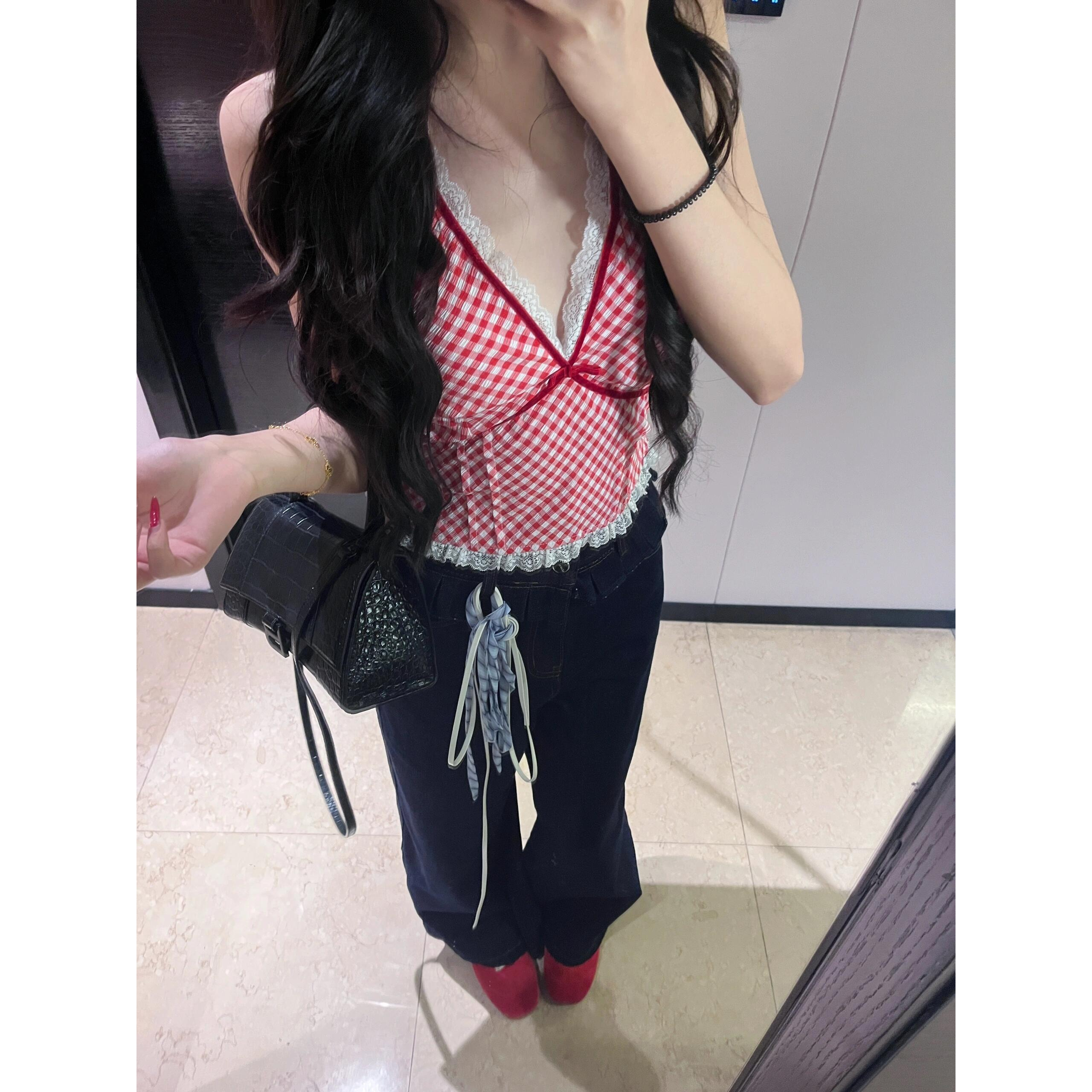 美式辣妹风性感chic格纹挂脖v领吊带背心女夏季小众别致显瘦上衣