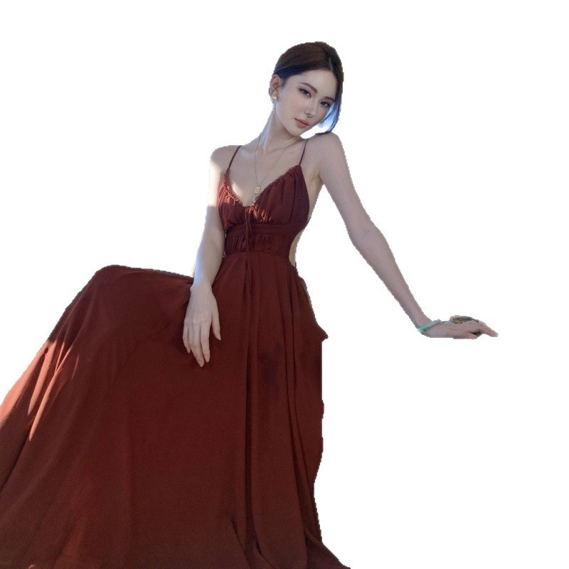 夏安若赵露思许妍同款吊带连衣裙酒红色海边度假旅游性感露背沙滩