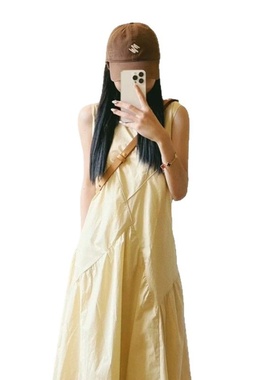 夏安若法式气质无袖背心连衣裙淡黄色女装夏季多巴胺甜美减龄字长