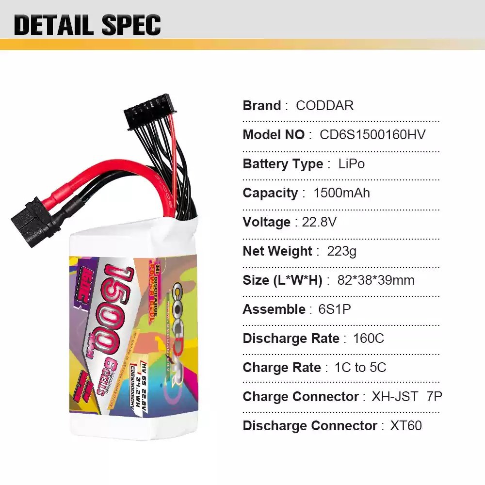 CODDAR鹰氪160C 1500MAH 4S 6S 22.8V 5寸航模穿越机高压锂电池8S