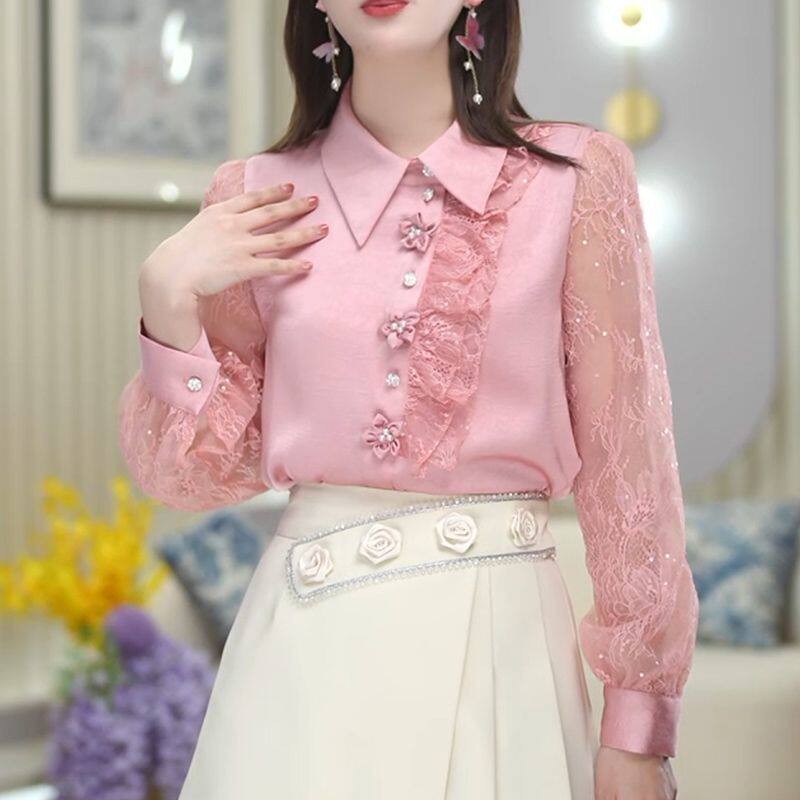 春夏时尚蕾丝袖绣花立体花打底衫法式小衫女气质上衣衬衣洋气高档