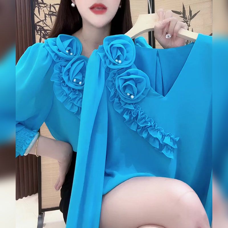 中老年人女时尚衬衫立体花朵蓝色衬衣妈妈宽松T恤小衫打底衫春夏