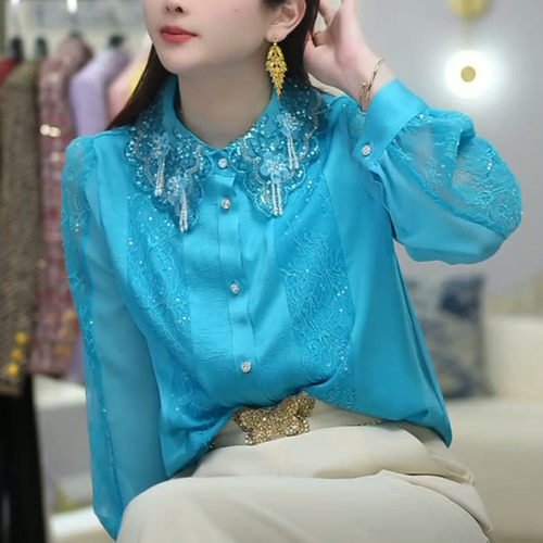 中年妈妈春夏装长袖气质薄衬衫上衣中老年女蕾丝拼接绸缎衬衣小衫