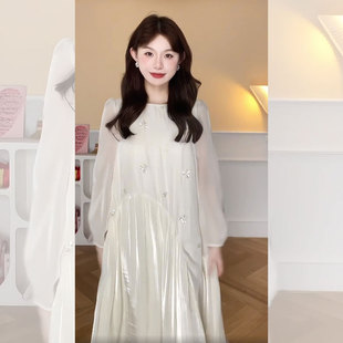 法式温柔风高级感白色长袖连衣裙女秋季轻奢御姐风欧根纱拼接长裙