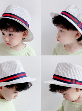 儿童草帽女童渔夫帽男童休闲礼帽亲子白色沙滩出游帽男小孩防晒帽