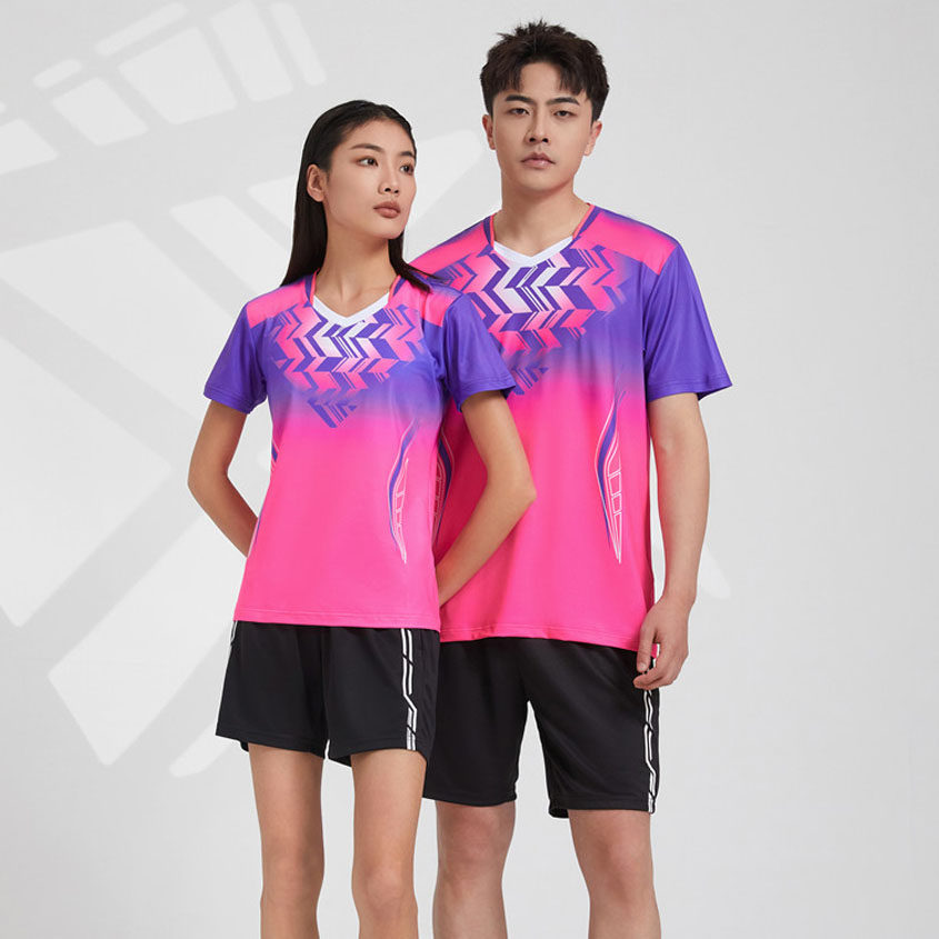 快干吸汗速干羽毛球服套装V领男女童玫红印字排球衣运动比赛乒乓