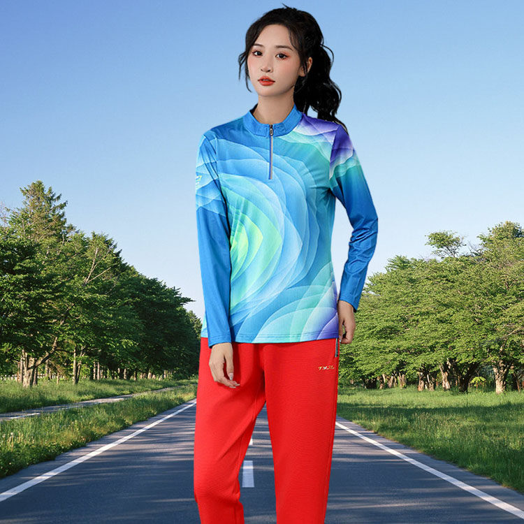 快干长袖长裤羽毛球服套装秋冬女修身红蓝色速干衣乒乓球服运动排