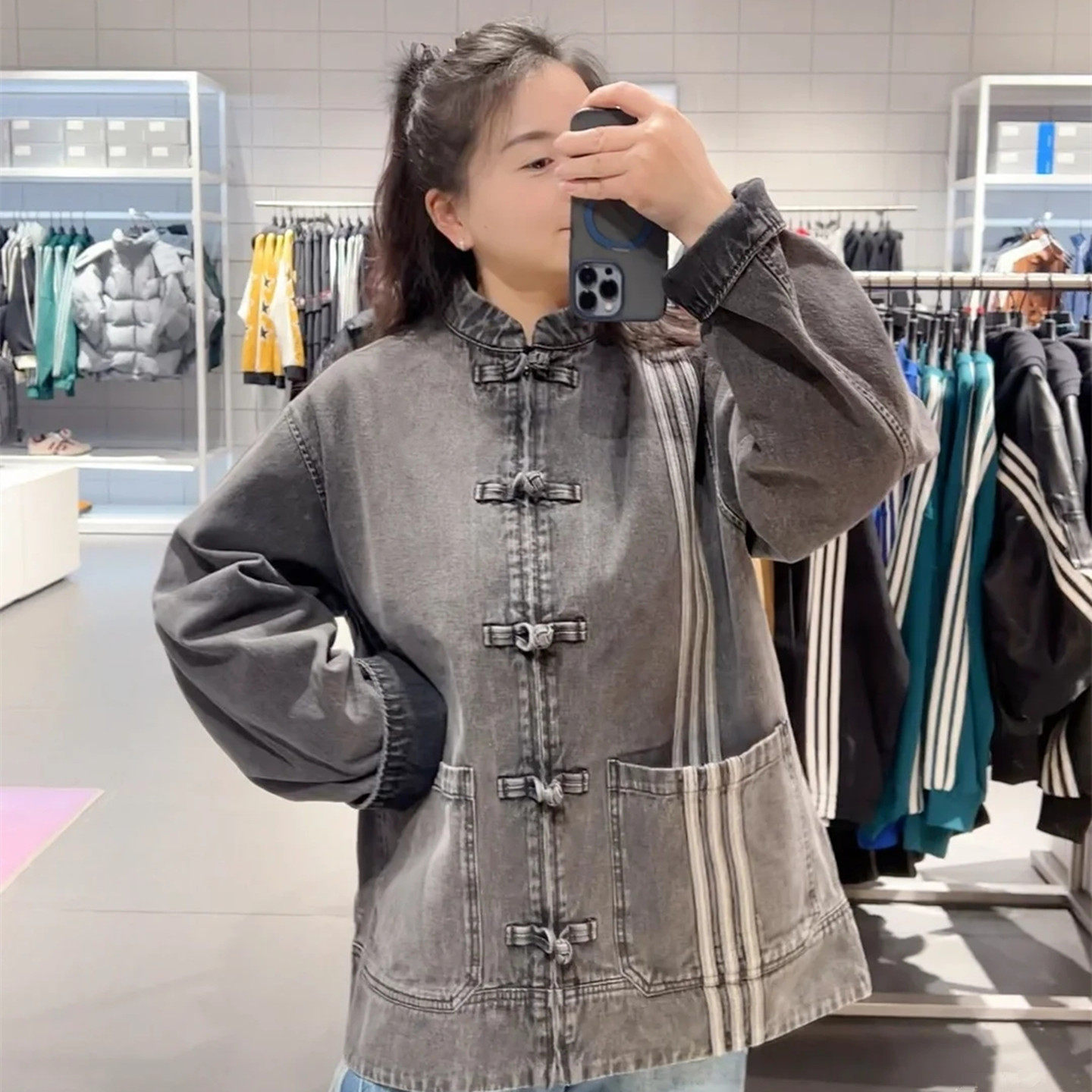 thumbnail for New Chinese style disc buckle retro washed three-bar denim jacket women's spring and autumn Korean version loose casual jacket top