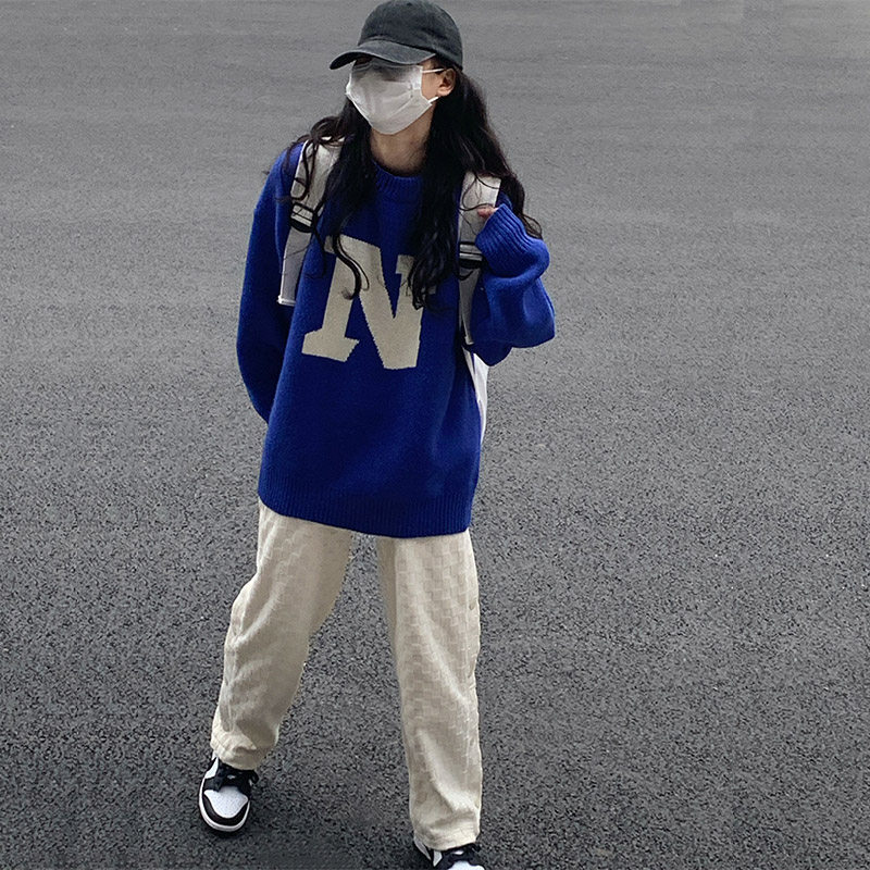 克莱因蓝美式复古圆领毛衣女街头百搭宽松慵懒风秋冬外穿针织外套|ruв категории Женская одежда, свитер - от Buy2taobao.com для оказания профессиональной услуги покупки агента Taobao