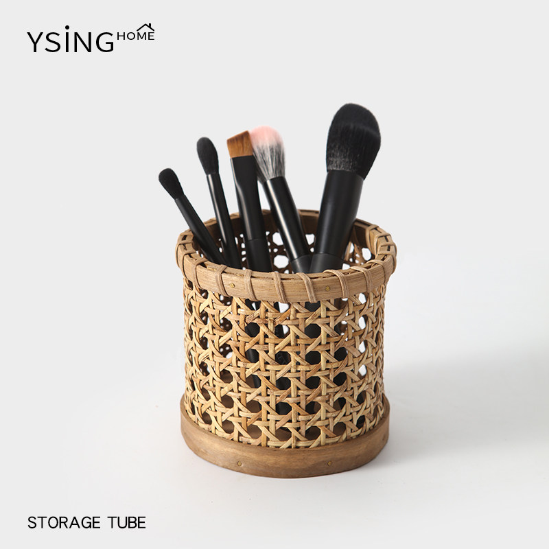藤编化妆刷收纳筒桌面高级感复古手工编织梳子口红眉笔收纳盒笔筒,收纳整理,化妆刷收纳盒/桶,淘宝优惠券,粉丝福利购,淘宝优惠卷
