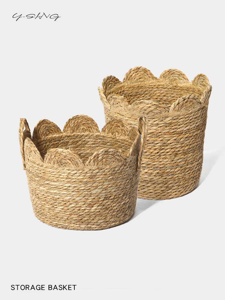 草编收纳篮手工编织成品DIY田园风格圆形杂物篮收纳篮家用脏衣服
