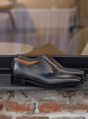 雅生AXEN国产固特异工艺整皮灰擦色牛津皮鞋商务正装方头系带男鞋