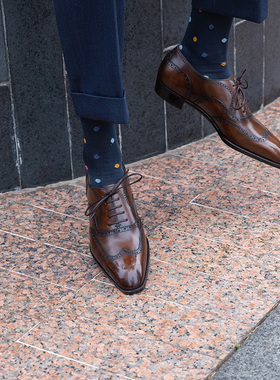 Oct Tenth手工固特异皮鞋 手缝沿条擦色布洛克Oxford方头牛津鞋男