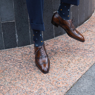 男 手缝沿条擦色布洛克Oxford方头牛津鞋 Oct Tenth手工固特异皮鞋