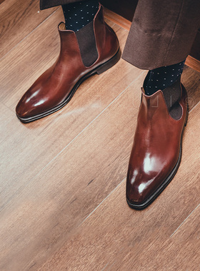 意大利Enzo Bonafe手缝沿条工艺休闲皮鞋Chelsea Boots切尔西皮靴