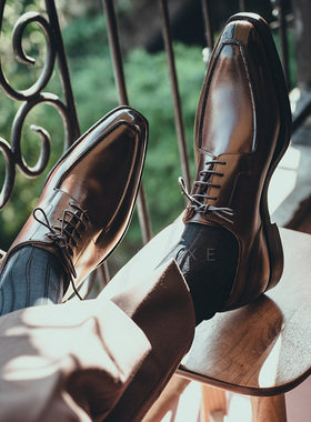 英国George Cleverley手工皮鞋 固特异工艺棕擦色商务Derby德比鞋