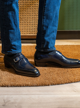 Oct Tenth手工固特异Monk孟克皮鞋 手缝沿条结构蓝擦色单扣僧侣鞋